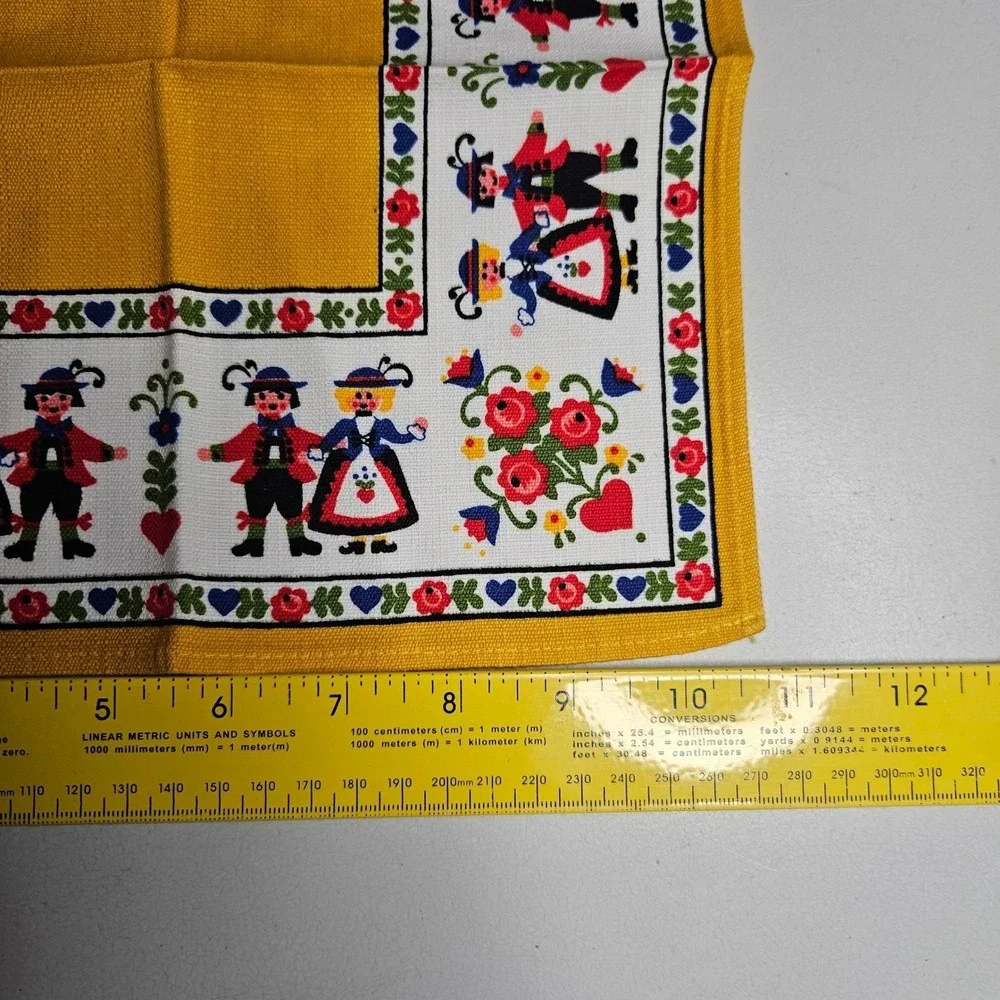 Vintage Folk Art Linen Napkins Set of 3 Yellow Scandinavian Germanic Floral 11in